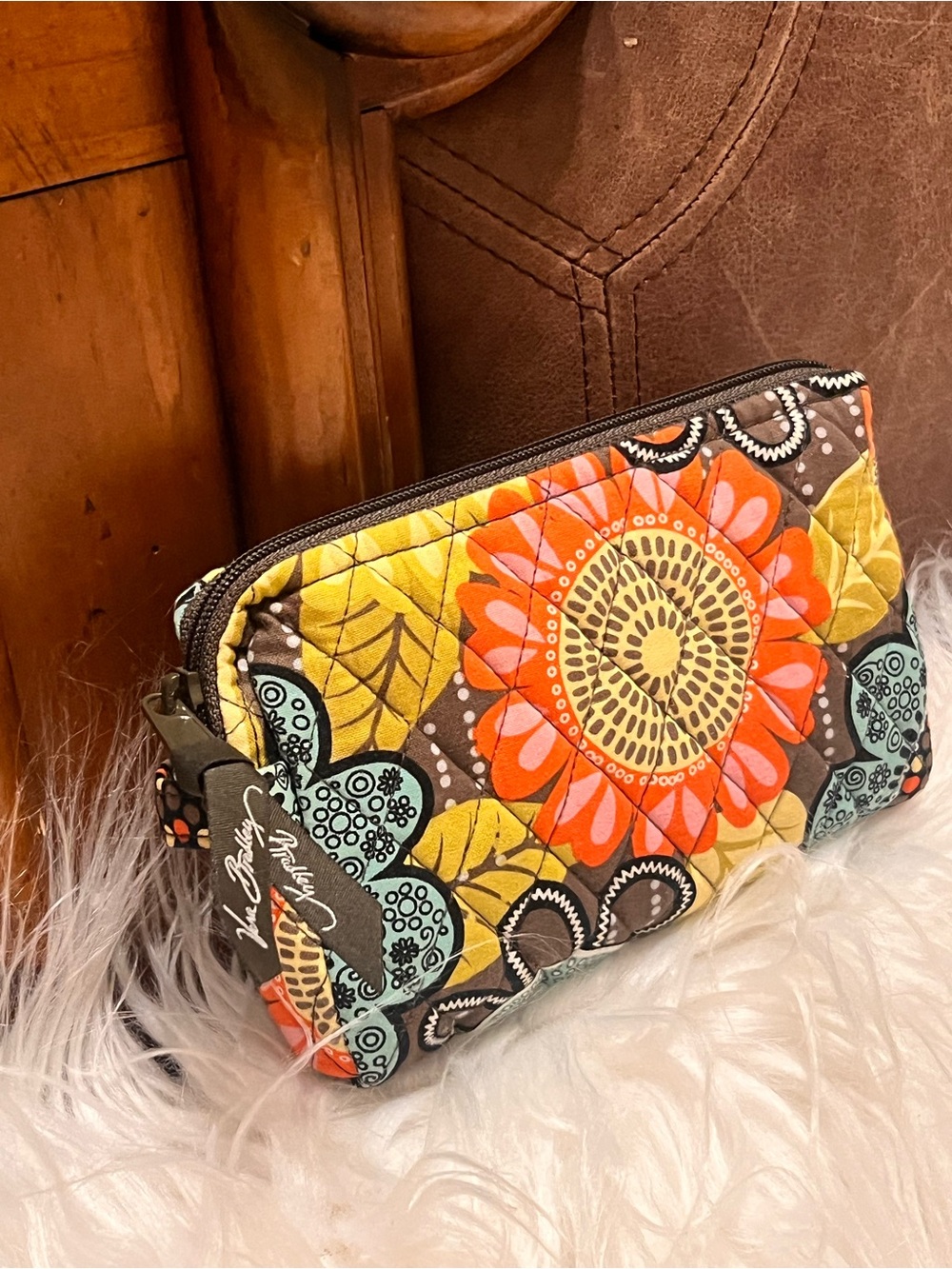 Vera Bradley Orange Floral Quilted Cosmetic Pouch with Aqua & Yellow Accents - Picture 3 of 9